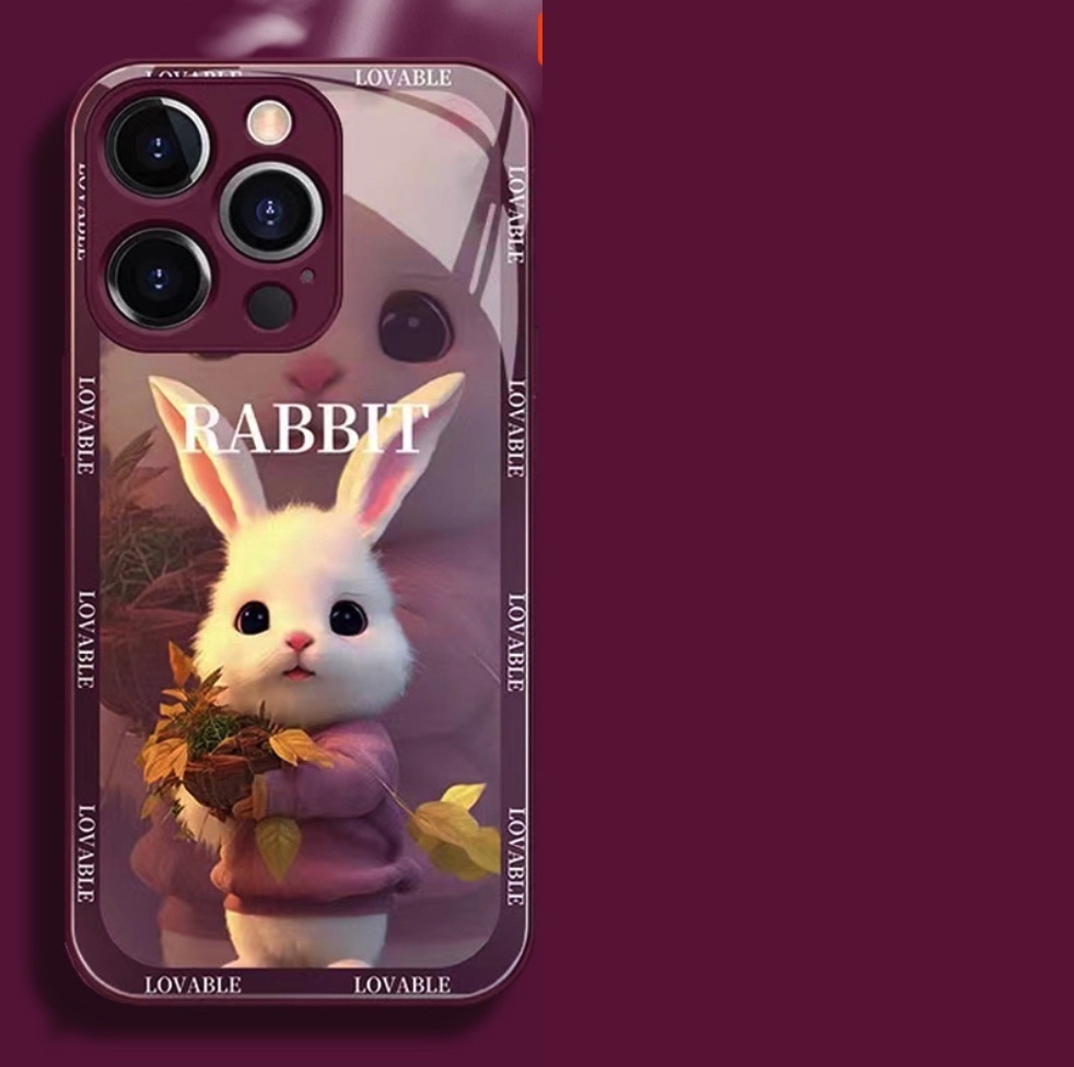 The popular painted flower-embracing rabbit glass is suitable for iPhone series mobile phone cases (grape purple leaf-embracing rabbit) (contact customer service after placing an order to confirm the phone model)