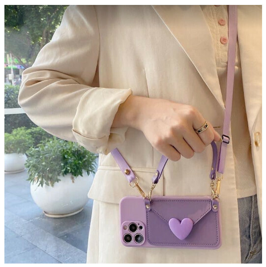 The popular mobile phone case is suitable for 13promax (purple love coin purse + handheld + crossbody lanyard (contact customer service to confirm the mobile phone model after placing the order)
