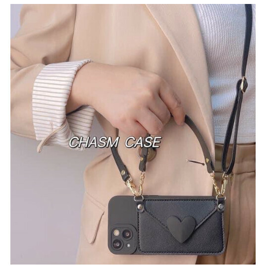 The popular mobile phone case is suitable for 13promax (black love coin purse + portable + crossbody lanyard (contact customer service to confirm the mobile phone model after placing the order)