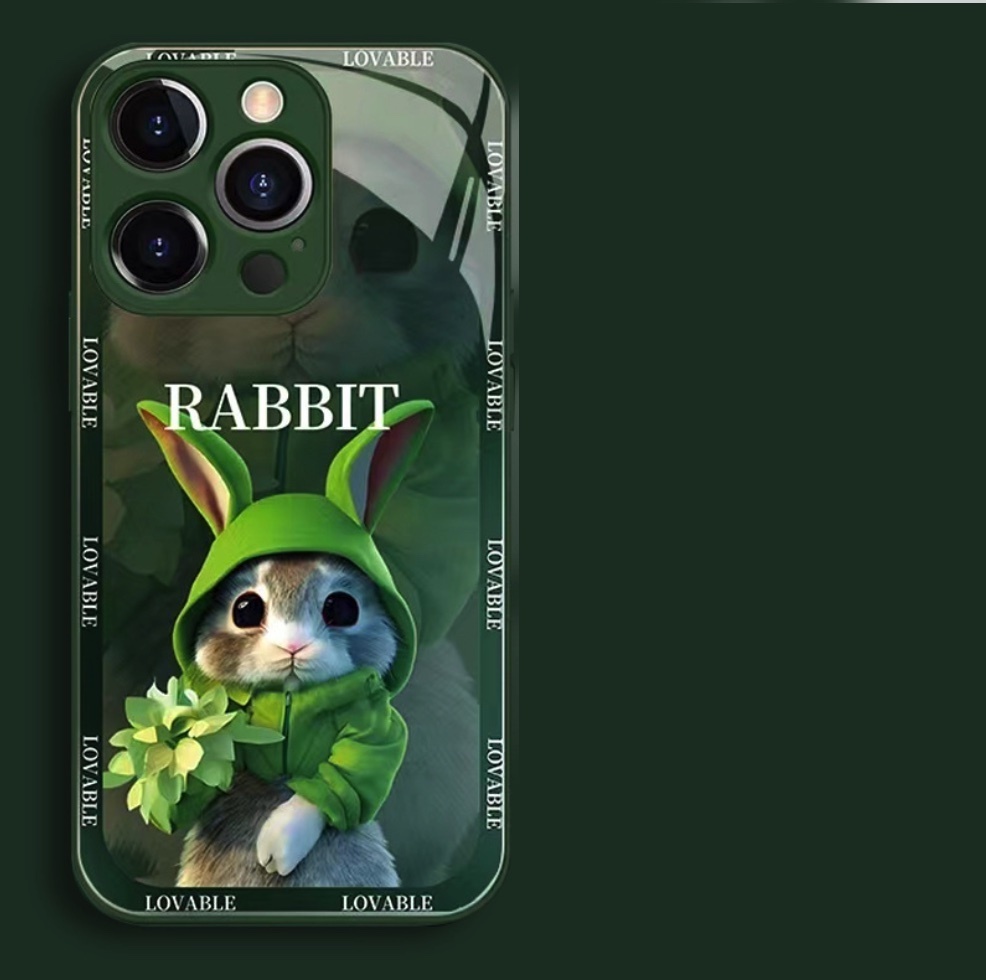The popular painted Rabbit Glass is suitable for iPhone series mobile phone cases (Cangling Green Rabbit) (contact customer service after placing an order to confirm the phone model)