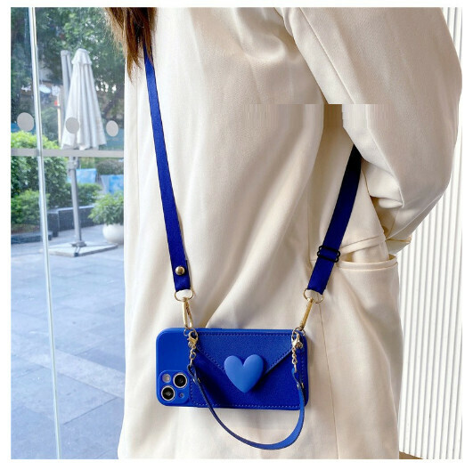 The popular mobile phone case is suitable for 13promax (blue love coin purse + handheld + crossbody lanyard (contact customer service to confirm the mobile phone model after placing the order)