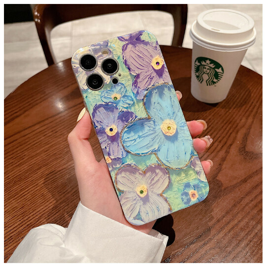 Popular mobile phone case suitable for iPhone13promax Samsung S23 fresh Apple 14pro (oil painting blue and purple flowers (contact customer service to confirm the phone model after placing the order)