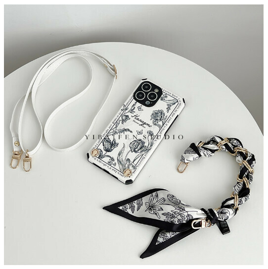 Popular mobile phone case suitable for iphone14 (white sketch flower + sketch flower silk scarf + white leather rope (contact customer service to confirm the phone model after placing the order)