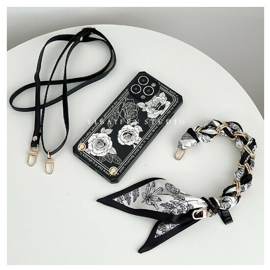 Popular mobile phone case suitable for iphone14 (black sketch flower + sketch flower silk scarf + black leather rope (contact customer service to confirm the phone model after placing the order)