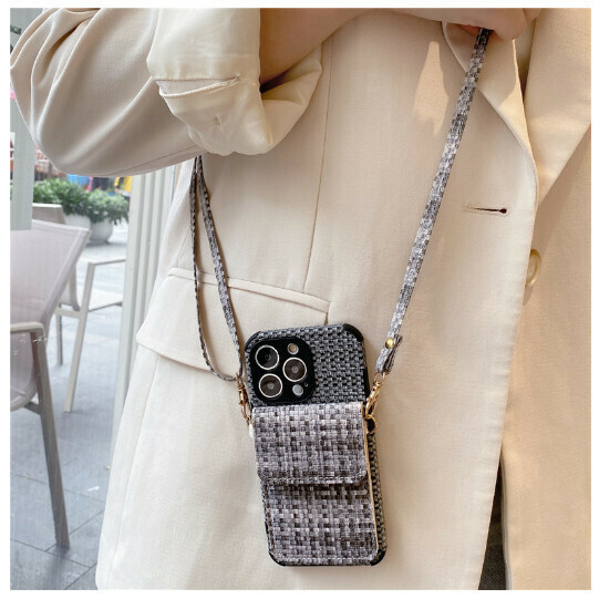 Popular cooling phone case suitable for Apple 14pro (black woven card holder + same style leather pattern crossbody (contact customer service to confirm the phone model after placing the order)