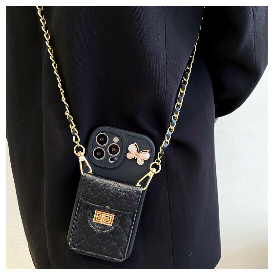 The popular mobile phone case is suitable for iPhone 14 and Apple 13 Promax (lambskin black bottom - small fragrant card holder + diagonal strap (contact customer service after placing the order to confirm the phone model)