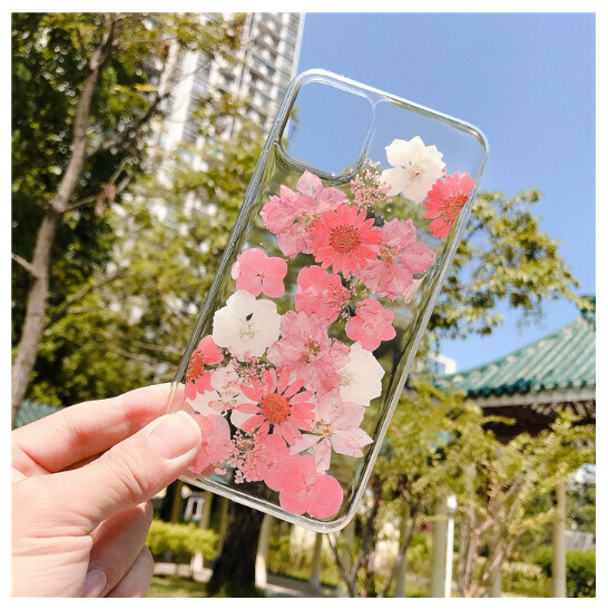 Popular mobile phone case suitable for iPhone 13mini (real glue flower - pink flower (contact customer service to confirm the phone model after placing the order)