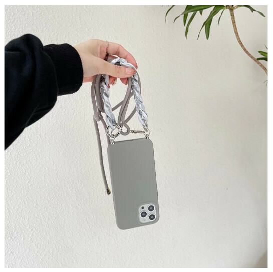 The popular mobile phone case is suitable for iPhone13/12promax [gray soft shell + lanyard + chain] (contact customer service to confirm the phone model after placing the order)