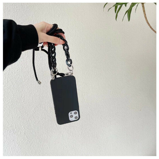 The popular mobile phone case is suitable for iPhone13/12promax [black soft shell + lanyard + chain] (contact customer service to confirm the phone model after placing the order)