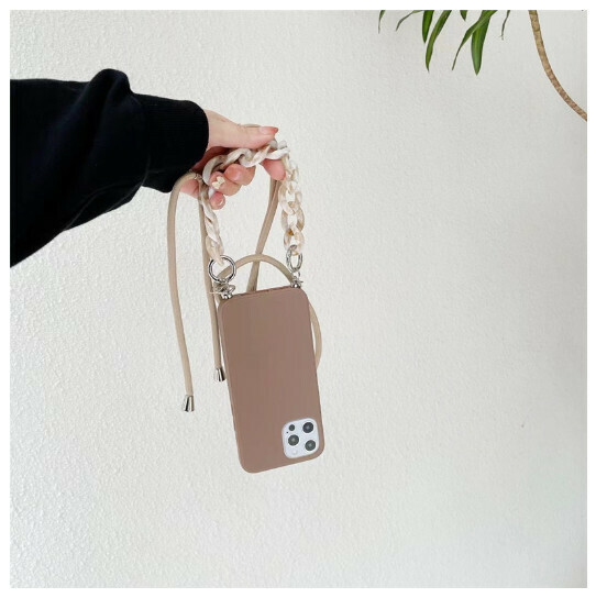 The popular mobile phone case is suitable for iPhone13/12promax [khaki soft shell + lanyard + chain] (contact customer service to confirm the phone model after placing the order)