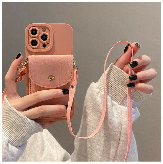 Popular mobile phone case suitable for Apple 13promax/iPhone14 [pink card holder + leather crossbody] (contact customer service to confirm the phone model after placing the order)