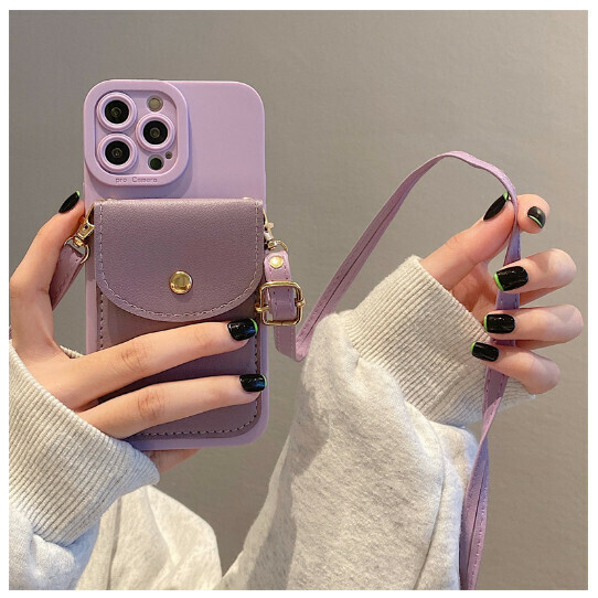 Popular mobile phone case suitable for Apple 13promax/iPhone14 [purple card holder + leather crossbody] (contact customer service to confirm the phone model after placing the order)