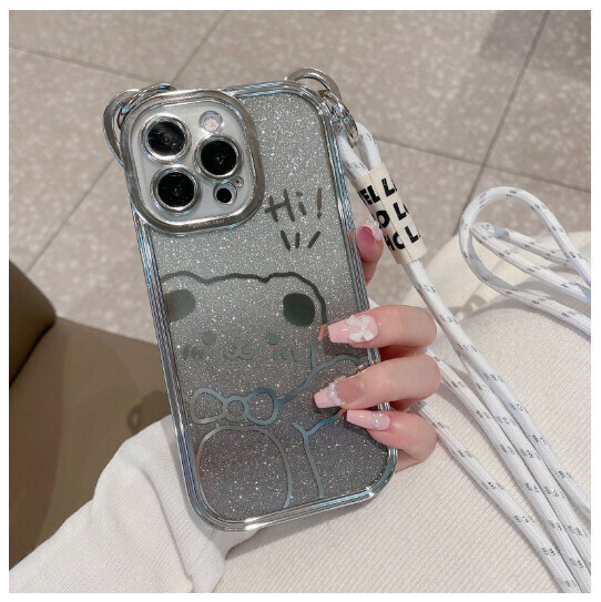 Popular mobile phone case suitable for iPhone 14 Apple 13 promax [silver] + gradient glitter paper + nylon lanyard (contact customer service to confirm the phone model after placing the order)