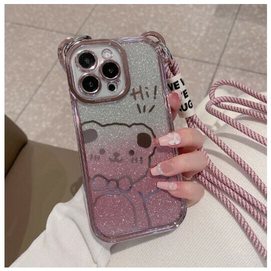 Popular mobile phone case suitable for iPhone14 Apple 13promax [pink] + gradient glitter paper + nylon lanyard (contact customer service to confirm the phone model after placing the order)