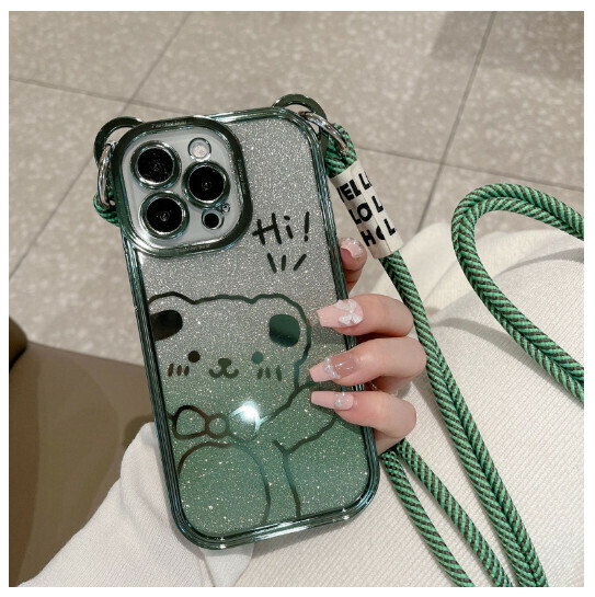 Popular mobile phone case suitable for iPhone 14 Apple 13 promax [Cang Ling Green] + gradient glitter paper + nylon lanyard (contact customer service to confirm the phone model after placing the order)