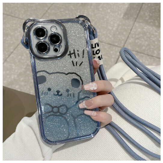 Popular mobile phone case suitable for iPhone14 Apple 13promax [Yuanfeng Blue] + gradient glitter paper + nylon lanyard (contact customer service to confirm the phone model after placing the order)