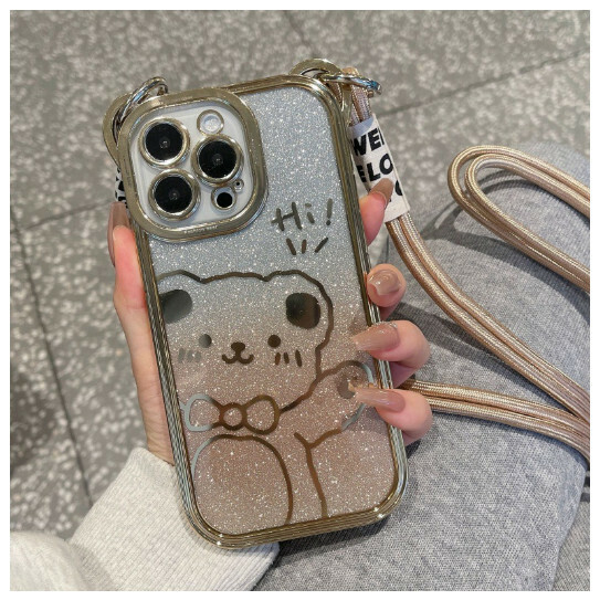 Popular mobile phone case suitable for iPhone 14 Apple 13 promax [champagne gold] + gradient glitter paper + nylon lanyard (contact customer service to confirm the phone model after placing the order)