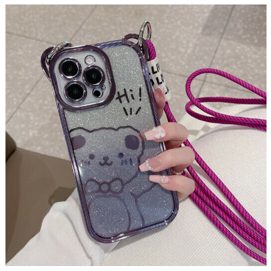 Popular mobile phone case suitable for iPhone 14 Apple 13 promax [dark purple] + gradient glitter paper + nylon lanyard (contact customer service to confirm the phone model after placing the order)