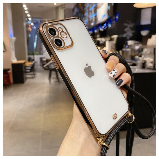 The new mobile phone case is suitable for Apple 13/11/12 [classic black + with diagonal lanyard] (contact customer service to confirm the mobile phone model after placing the order)