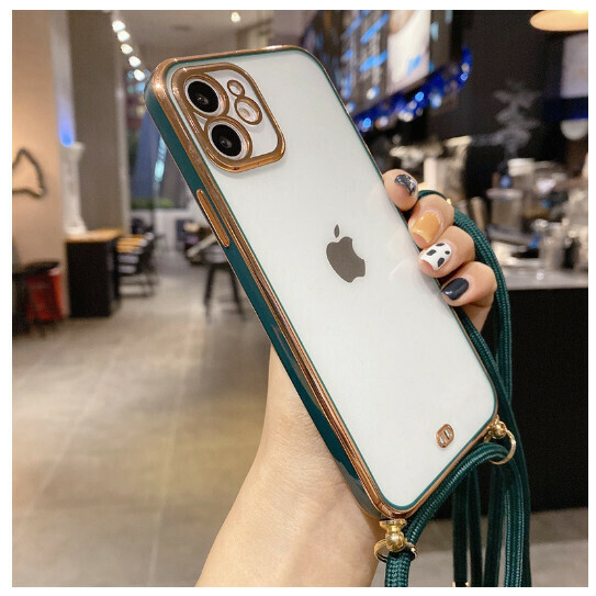 The new mobile phone case is suitable for Apple 13/11/12 [dark green + with diagonal lanyard] (contact customer service to confirm the mobile phone model after placing the order)