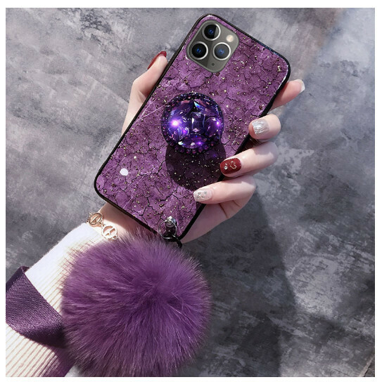 The new mobile phone case is suitable for Apple 13/iphone12/11 [purple + stand + fur ball strap] (contact customer service to confirm the phone model after placing the order)