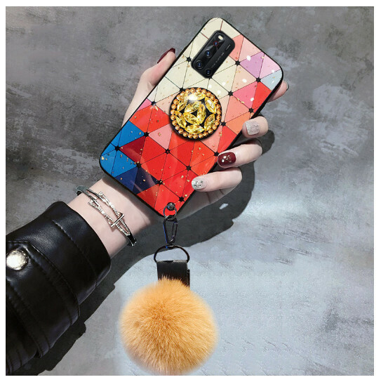 The new mobile phone case is suitable for Apple 13/iphone12/11 [diamond shape + bracket + fur ball strap] (contact customer service to confirm the phone model after placing the order)