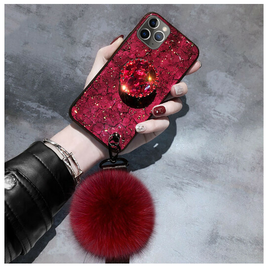 The new mobile phone case is suitable for Apple 13/iphone12/11 [red + stand + fur ball strap] (contact customer service to confirm the phone model after placing the order)