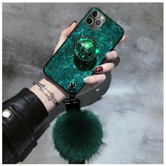 The new mobile phone case is suitable for Apple 13/iphone12/11 [green + stand + fur ball strap] (contact customer service to confirm the mobile phone model after placing the order)