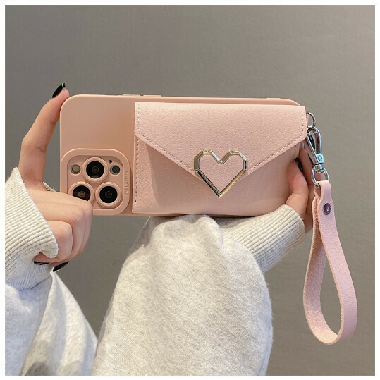 The new mobile phone case is suitable for Apple 13/iphone14 [pink love card holder + bracelet] (contact customer service to confirm the phone model after placing the order)