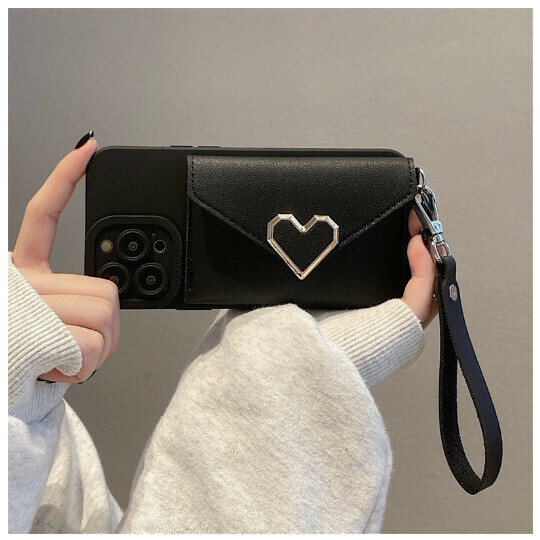 The new mobile phone case is suitable for Apple 13/iphone14 [black love card holder + bracelet] (contact customer service to confirm the phone model after placing the order)