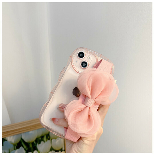 The new mobile phone case is suitable for Apple 13promax [transparent pink lace wrist strap] (contact customer service to confirm the mobile phone model after placing the order)