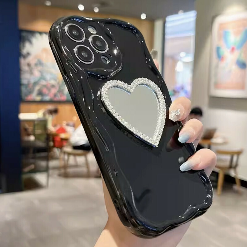 New cream pattern suitable for iPhone mobile phone case [black cream pattern + rhinestone love mirror] [contact customer service after placing the order to confirm the phone model]