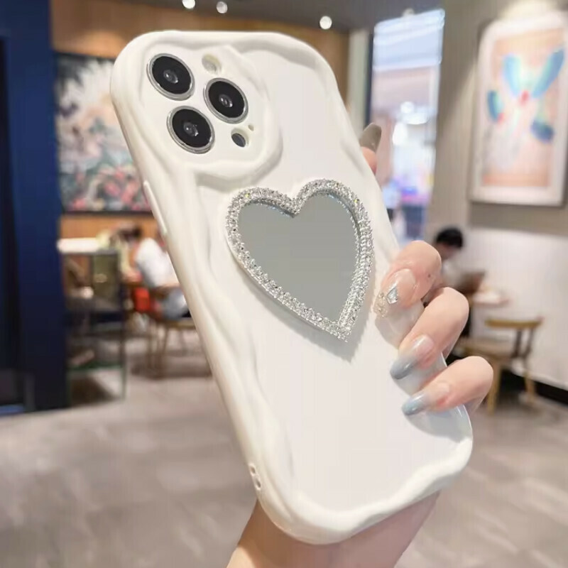 New cream pattern suitable for iPhone mobile phone case [off-white cream pattern + rhinestone love mirror] [contact customer service after placing the order to confirm the phone model]
