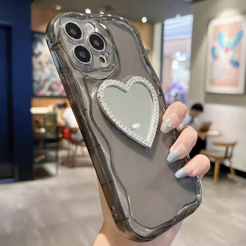 The new cream pattern is suitable for iPhone mobile phone cases [transparent gray cream pattern + rhinestone love mirror] [contact customer service after placing the order to confirm the phone model]