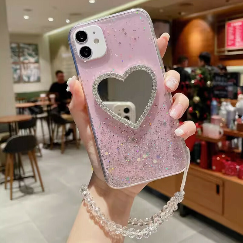 The new rhinestone love mirror is suitable for iPhone case [pink glue starry sky + love mirror + crystal short rope] [contact customer service after placing the order to confirm the phone model]