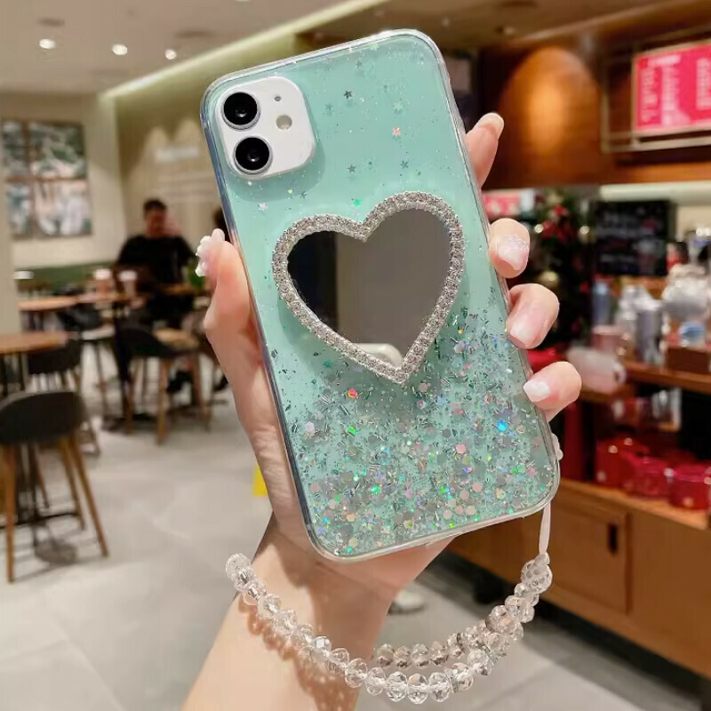 The new rhinestone love mirror is suitable for iPhone mobile phone cases [green epoxy starry sky + love mirror + crystal short rope] [contact customer service after placing the order to confirm the phone model]