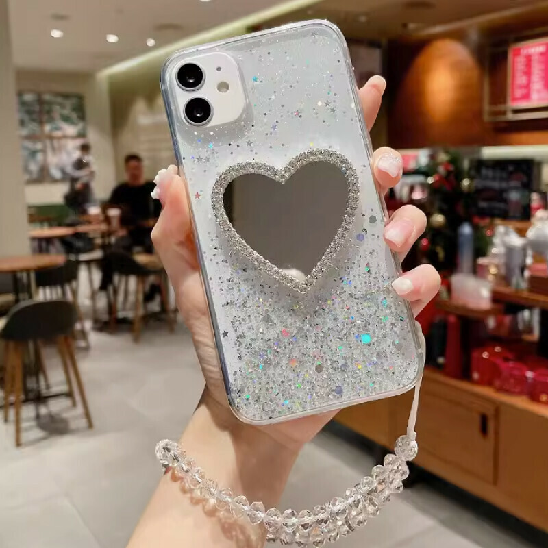 The new rhinestone love mirror is suitable for iPhone mobile phone cases [transparent glue starry sky + love mirror + crystal short rope] [contact customer service after placing the order to confirm the phone model]