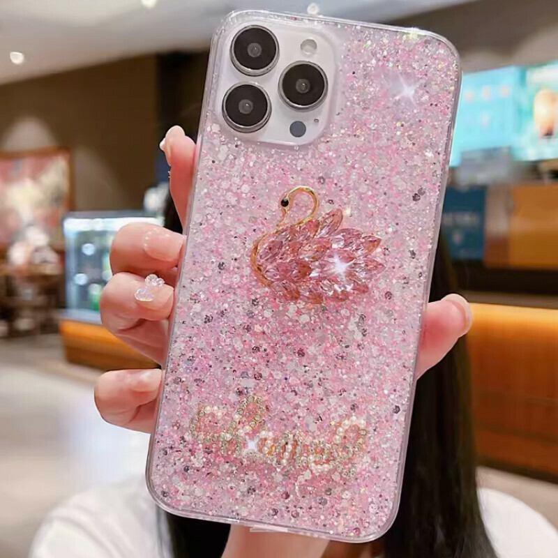 New rhinestone swan suitable for iPhone mobile phone case [pink diamond glitter + rhinestone swan] [contact customer service to confirm the phone model after placing the order]
