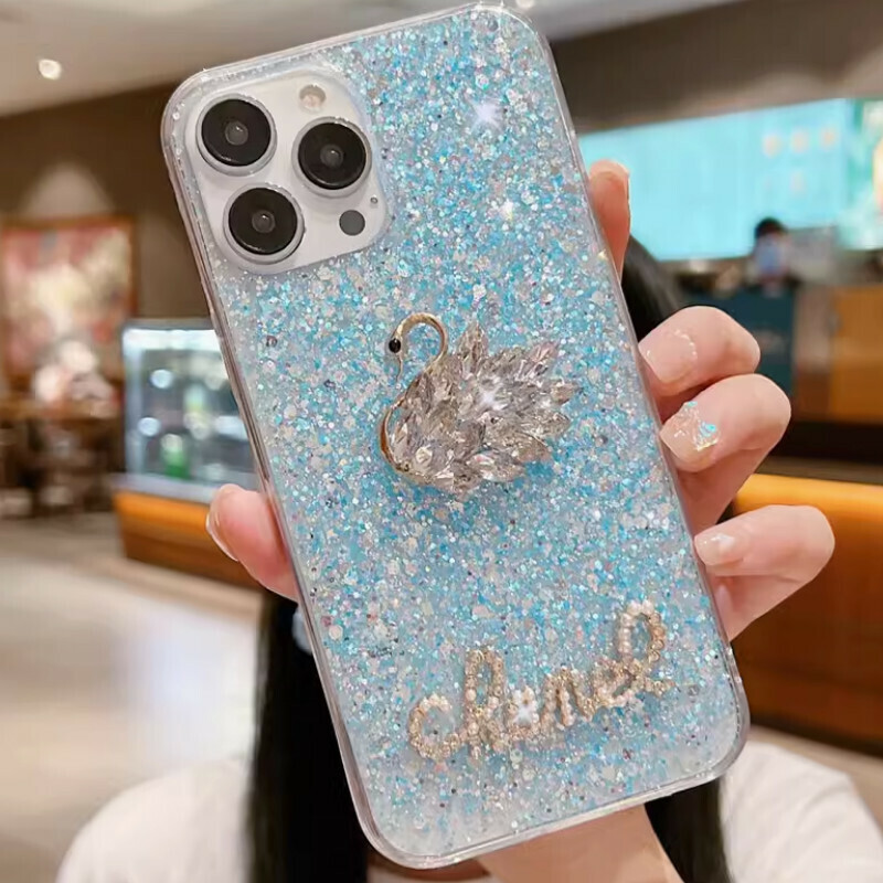 New rhinestone swan suitable for iPhone mobile phone case [blue diamond glitter + rhinestone swan] [contact customer service to confirm the phone model after placing the order]