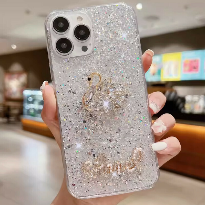 New rhinestone swan suitable for iPhone mobile phone case [silver diamond glitter + rhinestone swan] [contact customer service to confirm the phone model after placing the order]