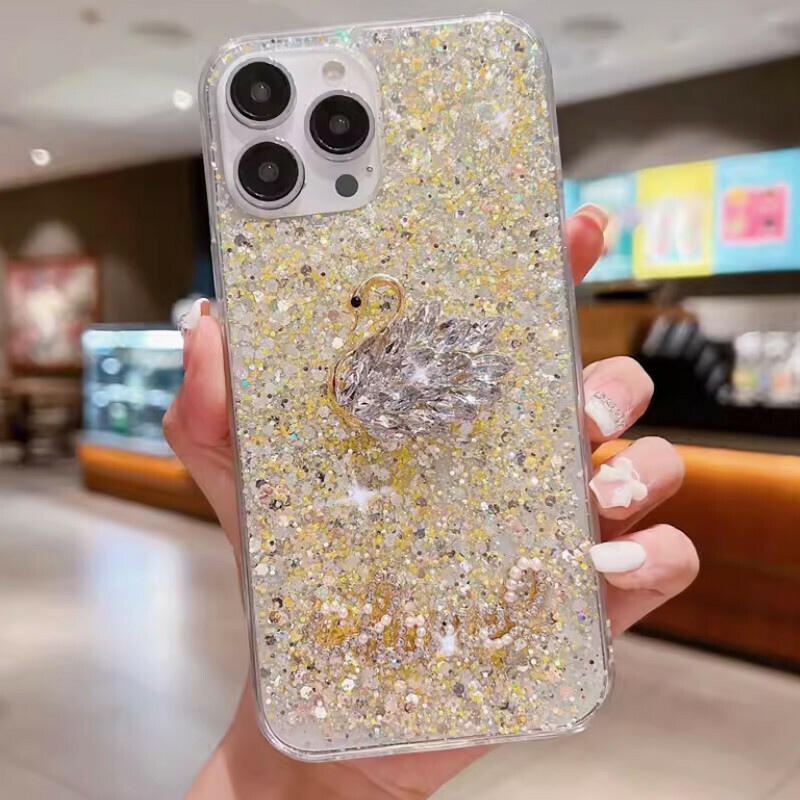 New rhinestone swan suitable for iPhone mobile phone case [gold diamond glitter + rhinestone swan] [contact customer service to confirm the phone model after placing the order]