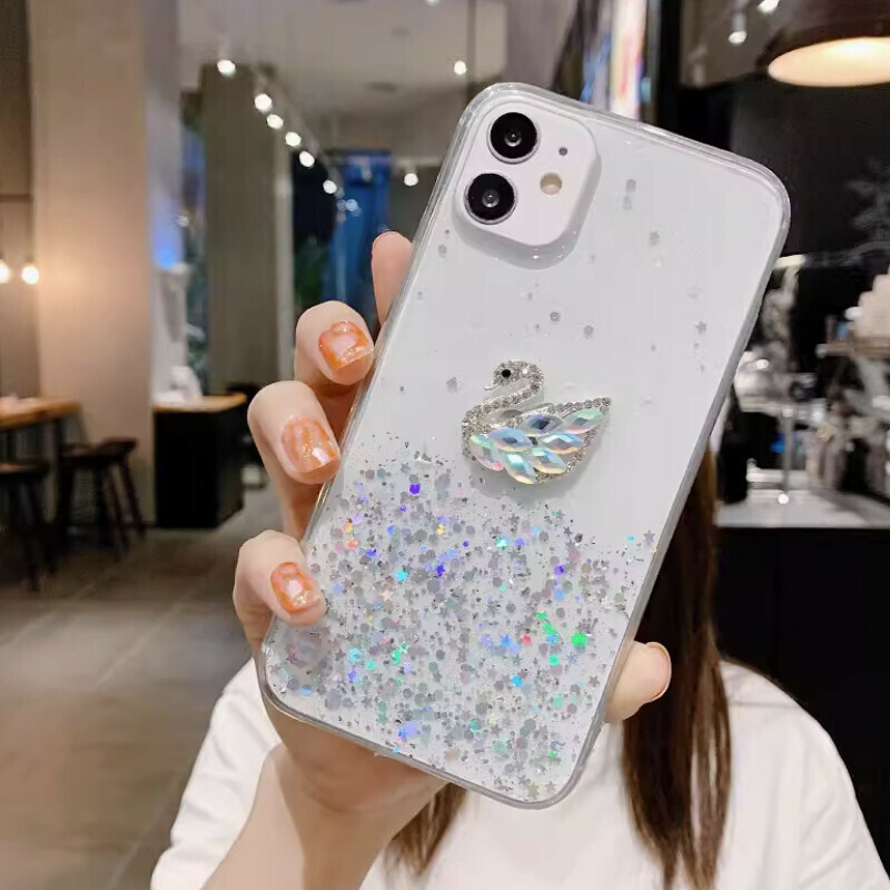 The new fantasy starry sky is suitable for iPhone mobile phone cases [transparent glue starry sky + rhinestone swan] [contact customer service after placing the order to confirm the phone model]