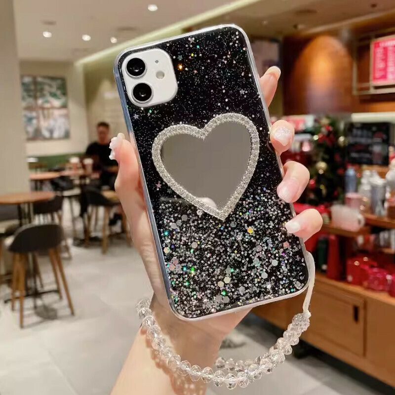 New rhinestone love mirror suitable for iPhone case [Black Epoxy Starry Sky + Love Mirror + Crystal Short Rope] [Contact customer service to confirm the phone model after placing the order]