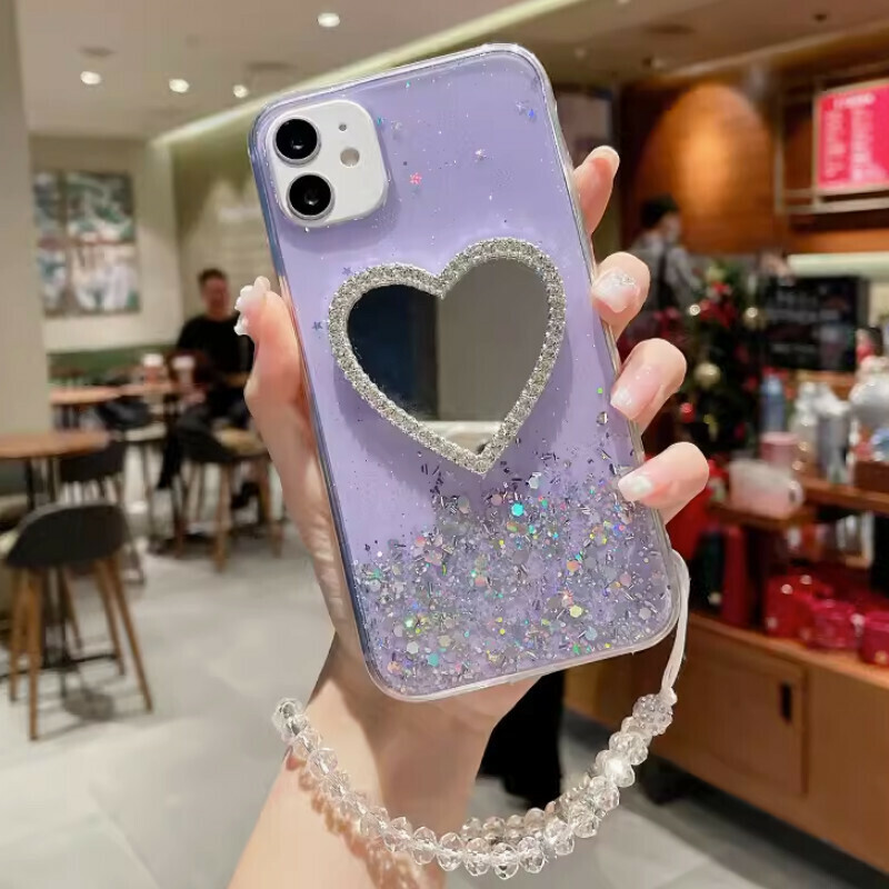 New rhinestone love mirror suitable for iPhone case [Purple Epoxy Starry Sky + Love Mirror + Crystal Short Rope] [Contact customer service to confirm the phone model after placing the order]