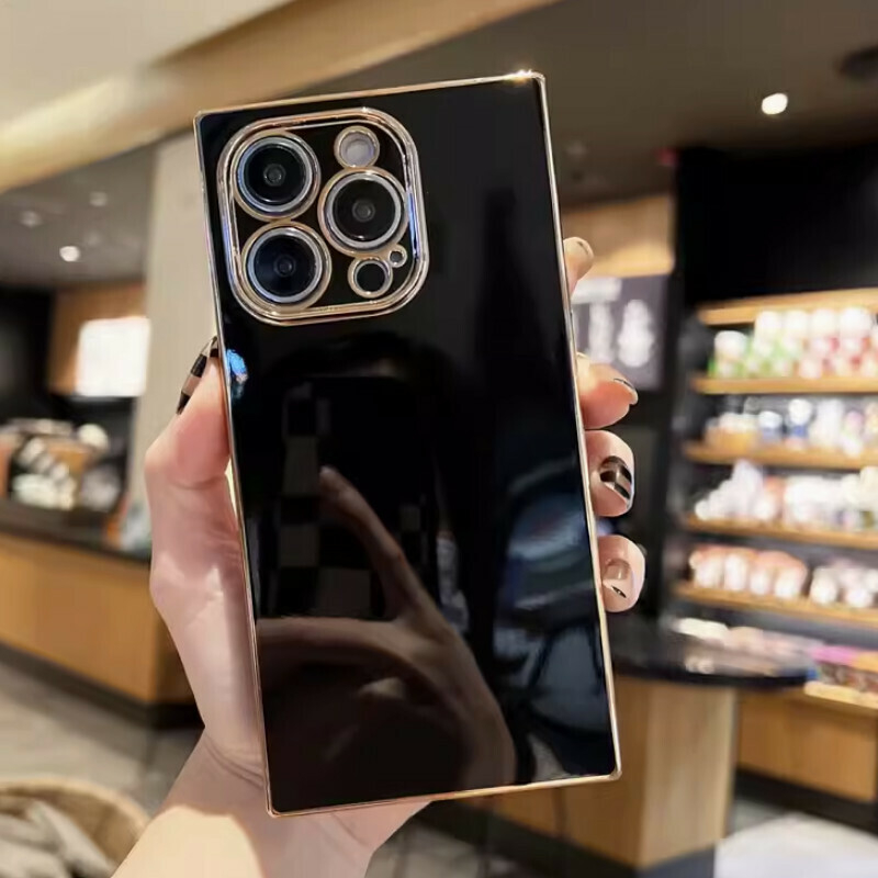 The new right-angled square plating is suitable for iPhone mobile phone cases [Black (straight-sided square plating solid color)] [Contact customer service after placing an order to confirm the phone model]
