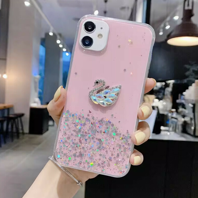 The new fantasy starry sky is suitable for iPhone mobile phone cases [pink glue starry sky + rhinestone swan] [contact customer service after placing the order to confirm the phone model]