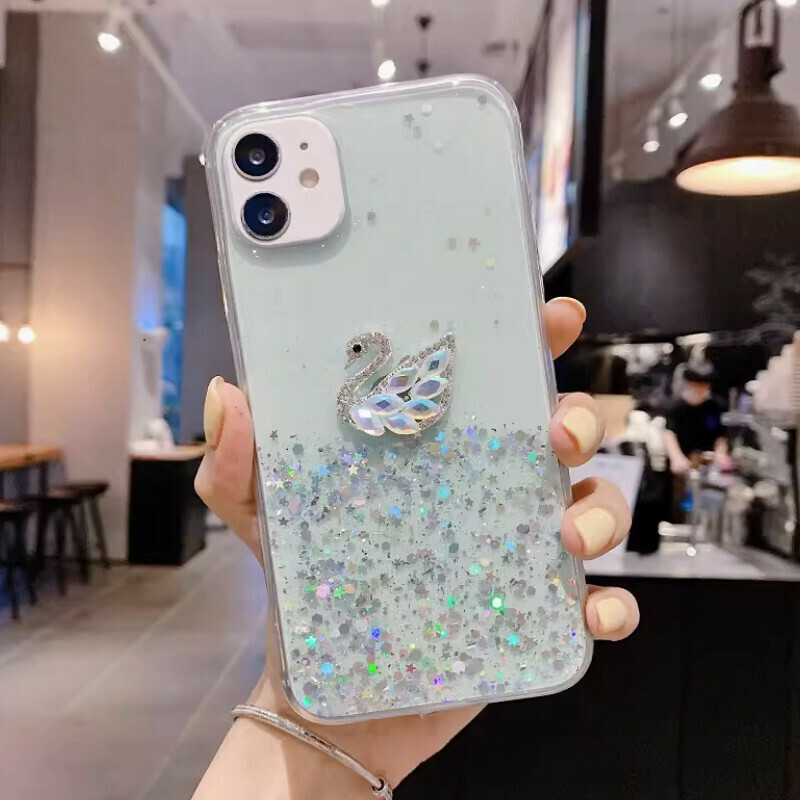 The new fantasy starry sky is suitable for iphone mobile phone cases [green epoxy starry sky + rhinestone swan] [contact customer service after placing the order to confirm the phone model]