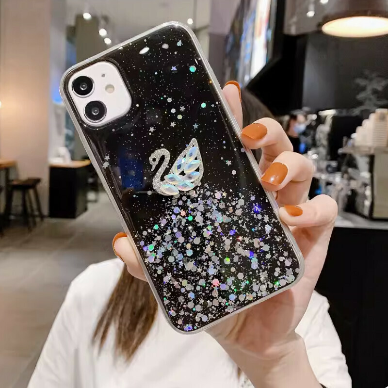 The new fantasy starry sky is suitable for iPhone mobile phone cases [Black Epoxy Starry Sky + Rhinestone Swan] [Contact customer service to confirm the phone model after placing the order]
