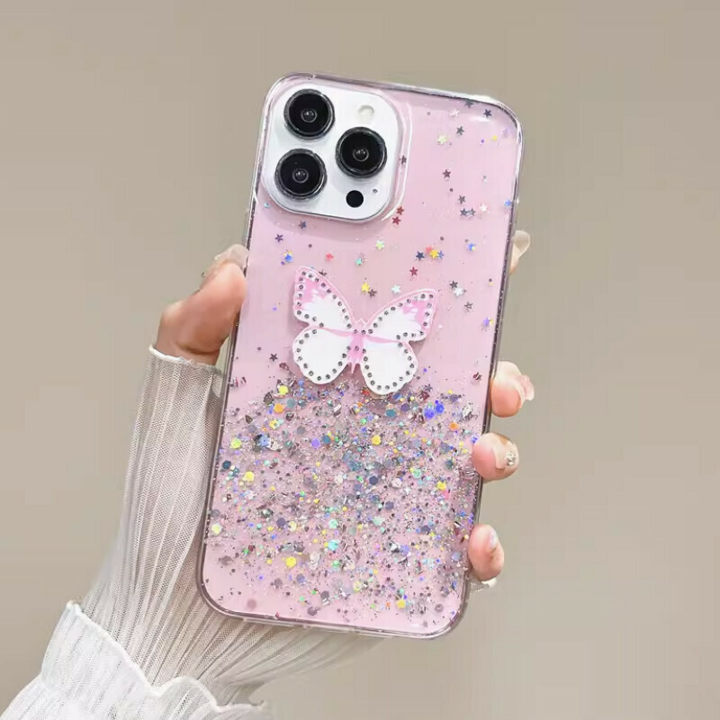 New Gradient Rhinestone Butterfly Suitable for iPhone Case [Pink Starry Sky Glitter + Gradient Rhinestone Butterfly] [Contact customer service to confirm the phone model after placing the order]
