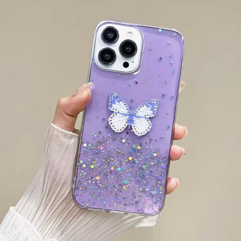 New Gradient Rhinestone Butterfly Suitable for iPhone Case [Purple Starry Sky Glitter + Gradient Rhinestone Butterfly] [Contact customer service to confirm the phone model after placing the order]